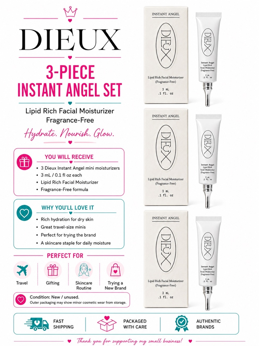 (3) Dieux Instant Angel Lipid Rich Facial Moisturizer 3ml Mini BNIB